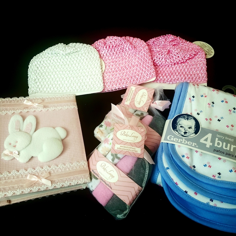 Keepsake Photo Album, baby hats, wash cloths, and burp cloth bundle - Picture 2 of 9